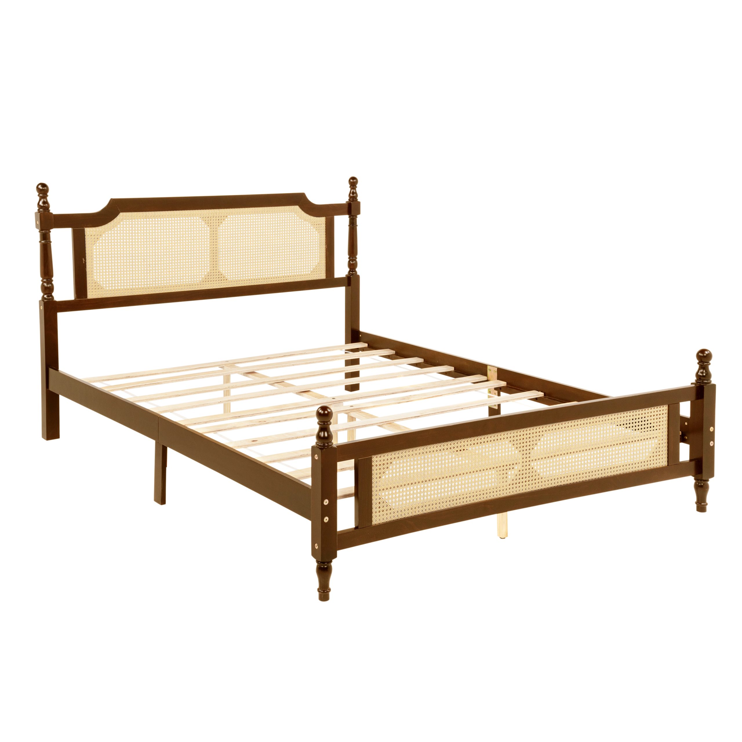 Queen Pine Wooden Bed With Rattan Headboard And Footboard, With Central Enhanced Bed Platform 19 Queen Pine Wooden Bed With Rattan Headboard And Footboard, With Central Enhanced Bed Platform