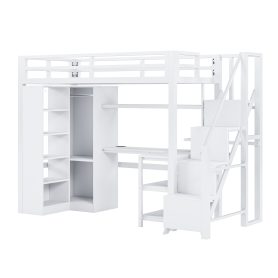Metal Twin Loft Bed With Desk, Usb Ports, 5-layer Shelf,  Wardrobe And Stepped Stairs