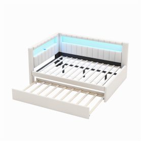 Upholstered Full Size Platform Bed with USB Ports, LED Belt and Trundle