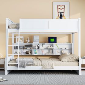 Full XL over Queen Bunk Bed with Storage Cabinets and USB Ports