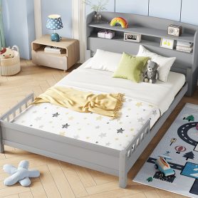 Full Pine Wood Bed with Bookcase Headboard ,LED Motion Sensor Light, Bed Guardrails