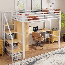 Metal Twin Loft Bed With Desk, Shelf, Wardrobe and Storage Staircase