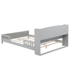 Full Pine Wood Bed with Bookcase Headboard ,LED Motion Sensor Light, Bed Guardrails