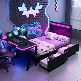 Twin Size Metal Gaming Platform Bed With Led Headboard, Led Desk, USB And Two Storage Drawers