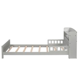 Twin Pine Wood Bed With Bookcase Headboard , LED Light and Guardrails