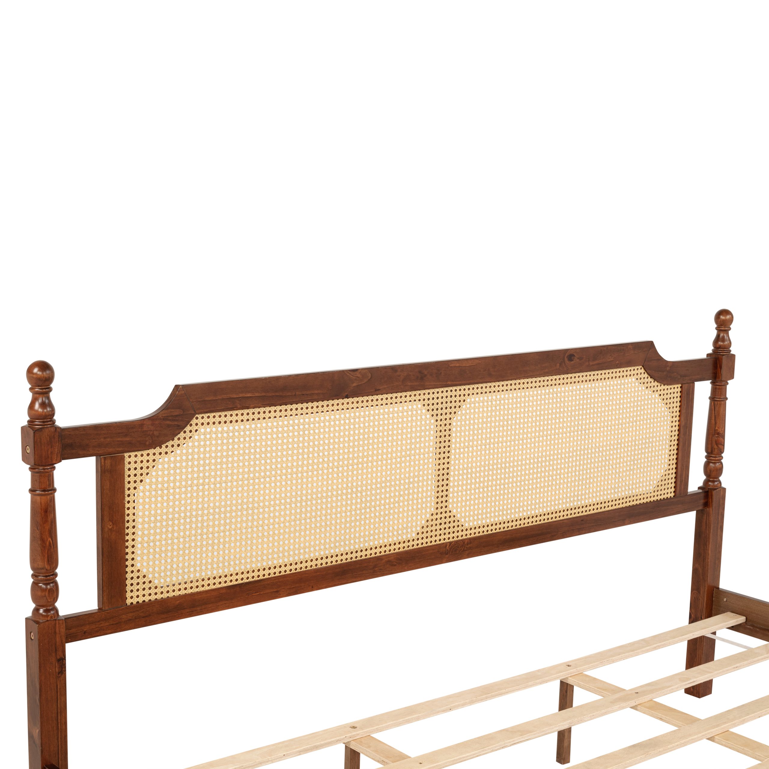 King Pine Wooden Bed With Rattan Headboard And Footboard, With Central Enhanced Bed Platform 8 King Pine Wooden Bed With Rattan Headboard And Footboard, With Central Enhanced Bed Platform