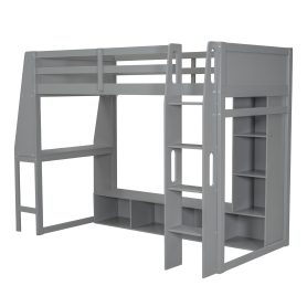 Wood Twin Size Gaming Loft Bed with Desk, Multi-storage Shelves, LED and a Hanging Clothes Rack