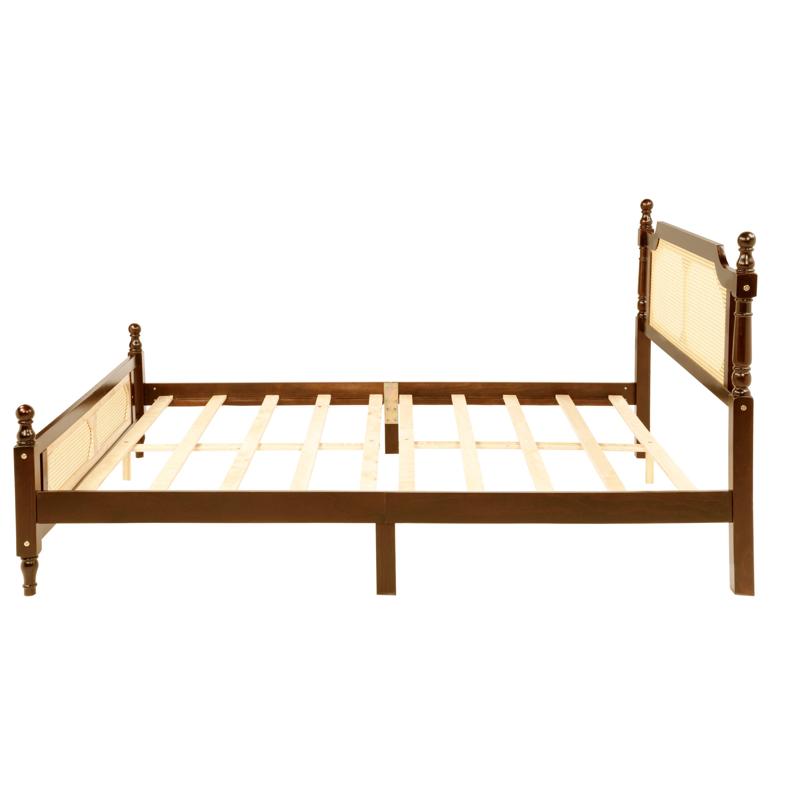 Queen Pine Wooden Bed With Rattan Headboard And Footboard, With Central Enhanced Bed Platform 13 Queen Pine Wooden Bed With Rattan Headboard And Footboard, With Central Enhanced Bed Platform