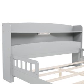 Full Pine Wood Bed with Bookcase Headboard ,LED Motion Sensor Light, Bed Guardrails