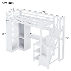 Metal Twin Loft Bed With Desk, Usb Ports, 5-layer Shelf,  Wardrobe And Stepped Stairs
