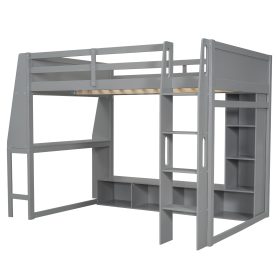 Wood Full Size Gaming Loft Bed with Desk, Multi-storage Shelves, LED and a Hanging Clothes Rack