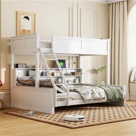Twin XL over Queen Bunk Bed with Storage Cabinets and USB Ports