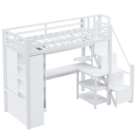 Metal Twin Loft Bed With Desk, Usb Ports, 5-layer Shelf,  Wardrobe And Stepped Stairs