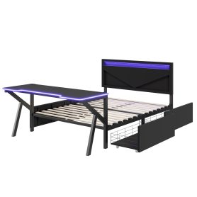 Full Size Metal Gaming Platform Bed with LED Headboard, LED Desk, USB and Two Storage Drawers