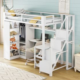 Metal Twin Loft Bed With Desk, Usb Ports, 5-layer Shelf,  Wardrobe And Stepped Stairs