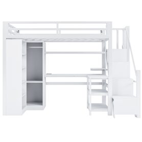 Metal Twin Loft Bed With Desk, Usb Ports, 5-layer Shelf,  Wardrobe And Stepped Stairs