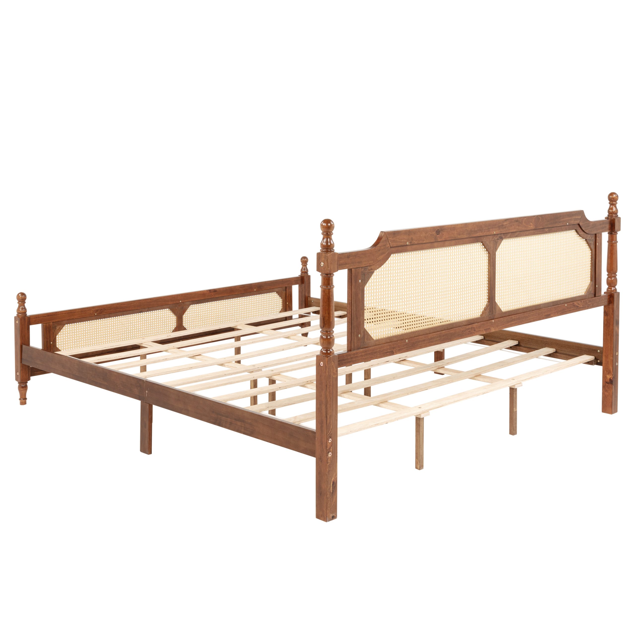 King Pine Wooden Bed With Rattan Headboard And Footboard, With Central Enhanced Bed Platform 12 King Pine Wooden Bed With Rattan Headboard And Footboard, With Central Enhanced Bed Platform
