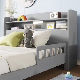 Full Pine Wood Bed with Bookcase Headboard ,LED Motion Sensor Light, Bed Guardrails