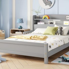 Full Pine Wood Bed with Bookcase Headboard ,LED Motion Sensor Light, Bed Guardrails