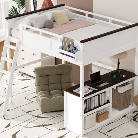 Queen Size Loft Bed with Desk, Open Shelf and a Storage Box, USB Charging Station 29 Queen Size Loft Bed with Desk, Open Shelf and a Storage Box, USB Charging Station