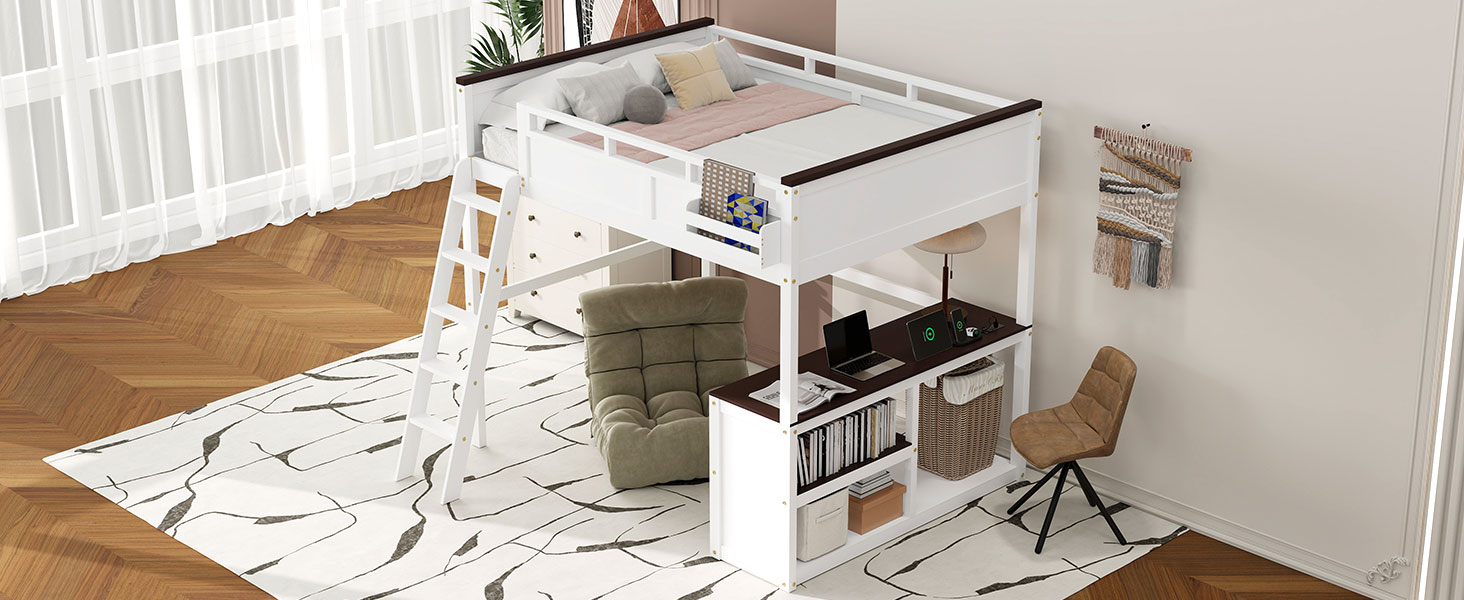 Queen Size Loft Bed with Desk, Open Shelf and a Storage Box, USB Charging Station 11 Queen Size Loft Bed with Desk, Open Shelf and a Storage Box, USB Charging Station