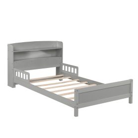 Twin Pine Wood Bed With Bookcase Headboard , LED Light and Guardrails