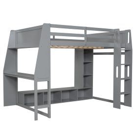 Wood Full Size Gaming Loft Bed with Desk, Multi-storage Shelves, LED and a Hanging Clothes Rack