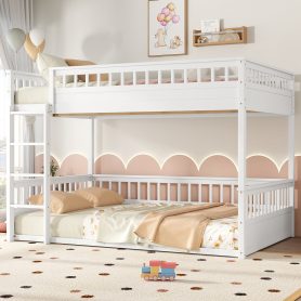 Wooden Queen Over Queen Bunk Bed With Ladder And Guardrails