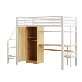 Metal Twin Loft Bed With Desk, Shelf, Wardrobe and Storage Staircase