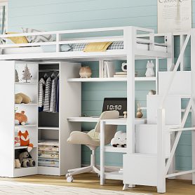 Metal Twin Loft Bed With Desk, Usb Ports, 5-layer Shelf,  Wardrobe And Stepped Stairs