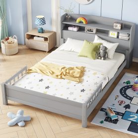 Full Pine Wood Bed with Bookcase Headboard ,LED Motion Sensor Light, Bed Guardrails