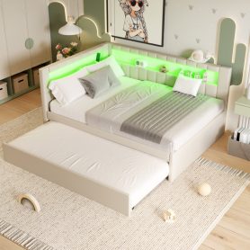 Upholstered Full Size Platform Bed with USB Ports, LED Belt and Trundle