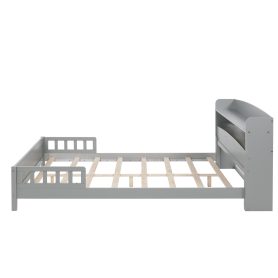 Full Pine Wood Bed with Bookcase Headboard ,LED Motion Sensor Light, Bed Guardrails