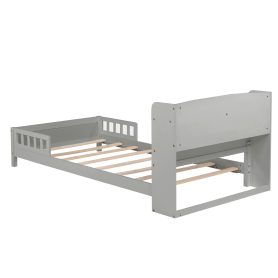 Twin Pine Wood Bed With Bookcase Headboard , LED Light and Guardrails