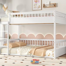 Wooden Queen Over Queen Bunk Bed With Ladder And Guardrails