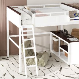 Queen Size Loft Bed with Desk, Open Shelf and a Storage Box, USB Charging Station 28 Queen Size Loft Bed with Desk, Open Shelf and a Storage Box, USB Charging Station