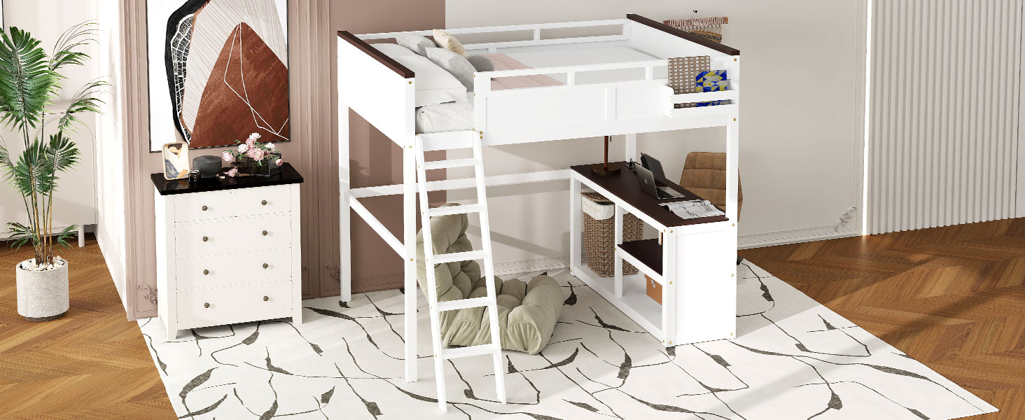 Queen Size Loft Bed with Desk, Open Shelf and a Storage Box, USB Charging Station 10 Queen Size Loft Bed with Desk, Open Shelf and a Storage Box, USB Charging Station