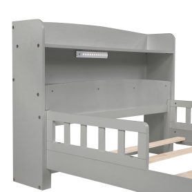 Twin Pine Wood Bed With Bookcase Headboard , LED Light and Guardrails