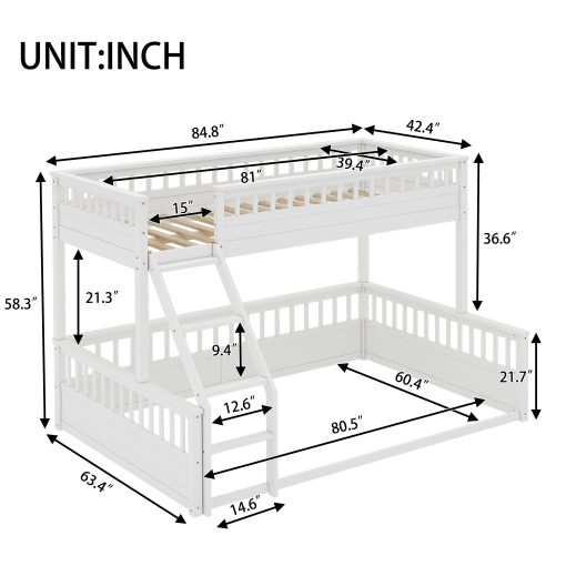 Wooden Twin XL over Queen Bunk Bed with Ladder and Guardrails