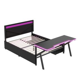 Full Size Metal Gaming Platform Bed with LED Headboard, LED Desk, USB and Two Storage Drawers