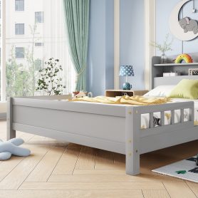 Full Pine Wood Bed with Bookcase Headboard ,LED Motion Sensor Light, Bed Guardrails