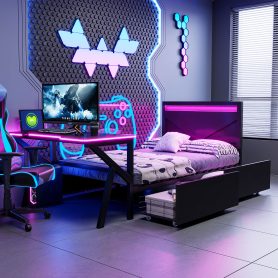 Twin Size Metal Gaming Platform Bed With Led Headboard, Led Desk, USB And Two Storage Drawers