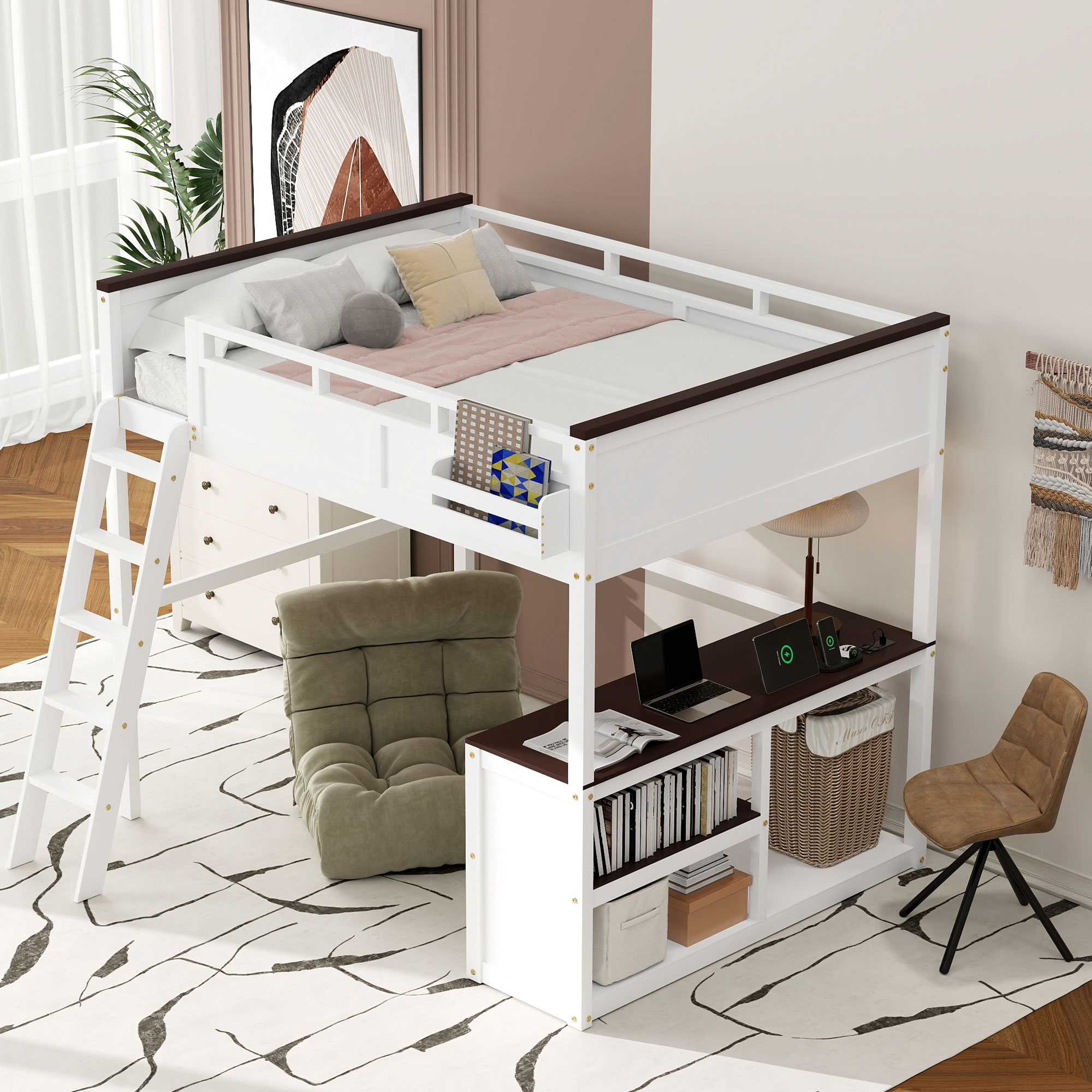 Queen Size Loft Bed with Desk, Open Shelf and a Storage Box, USB Charging Station 5 Queen Size Loft Bed with Desk, Open Shelf and a Storage Box, USB Charging Station