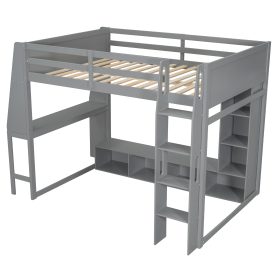 Wood Full Size Gaming Loft Bed with Desk, Multi-storage Shelves, LED and a Hanging Clothes Rack