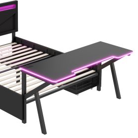 Full Size Metal Gaming Platform Bed with LED Headboard, LED Desk, USB and Two Storage Drawers