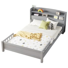 Full Pine Wood Bed with Bookcase Headboard ,LED Motion Sensor Light, Bed Guardrails