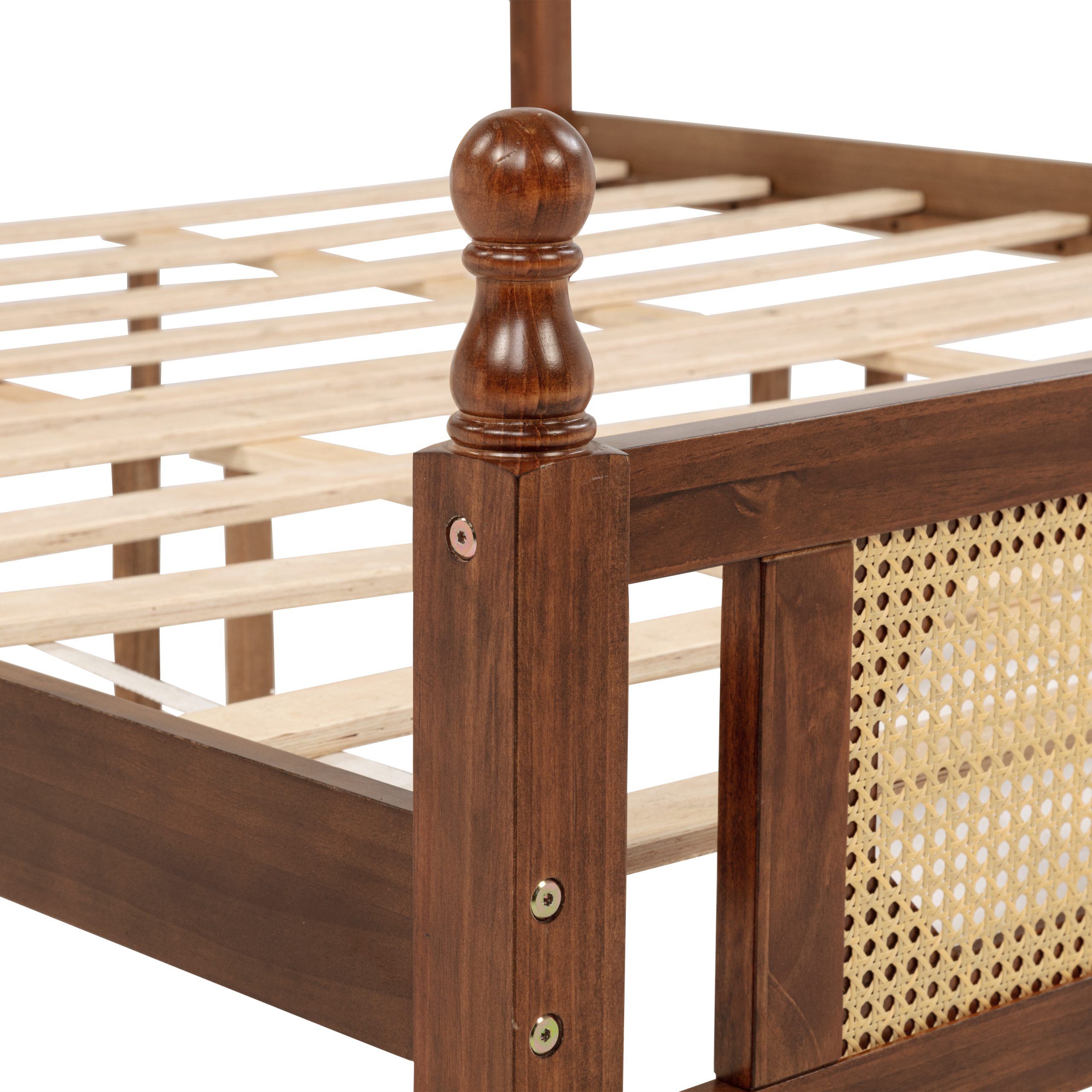 King Pine Wooden Bed With Rattan Headboard And Footboard, With Central Enhanced Bed Platform 4 King Pine Wooden Bed With Rattan Headboard And Footboard, With Central Enhanced Bed Platform