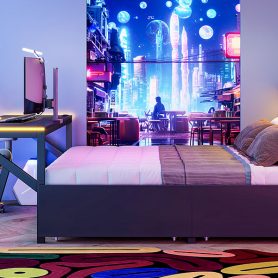 Full Size Metal Gaming Platform Bed with LED Headboard, LED Desk, USB and Two Storage Drawers