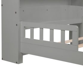 Twin Pine Wood Bed With Bookcase Headboard , LED Light and Guardrails