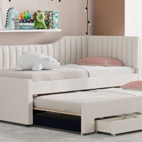 Upholstered Twin Size Daybed with Trundle and Three Drawers